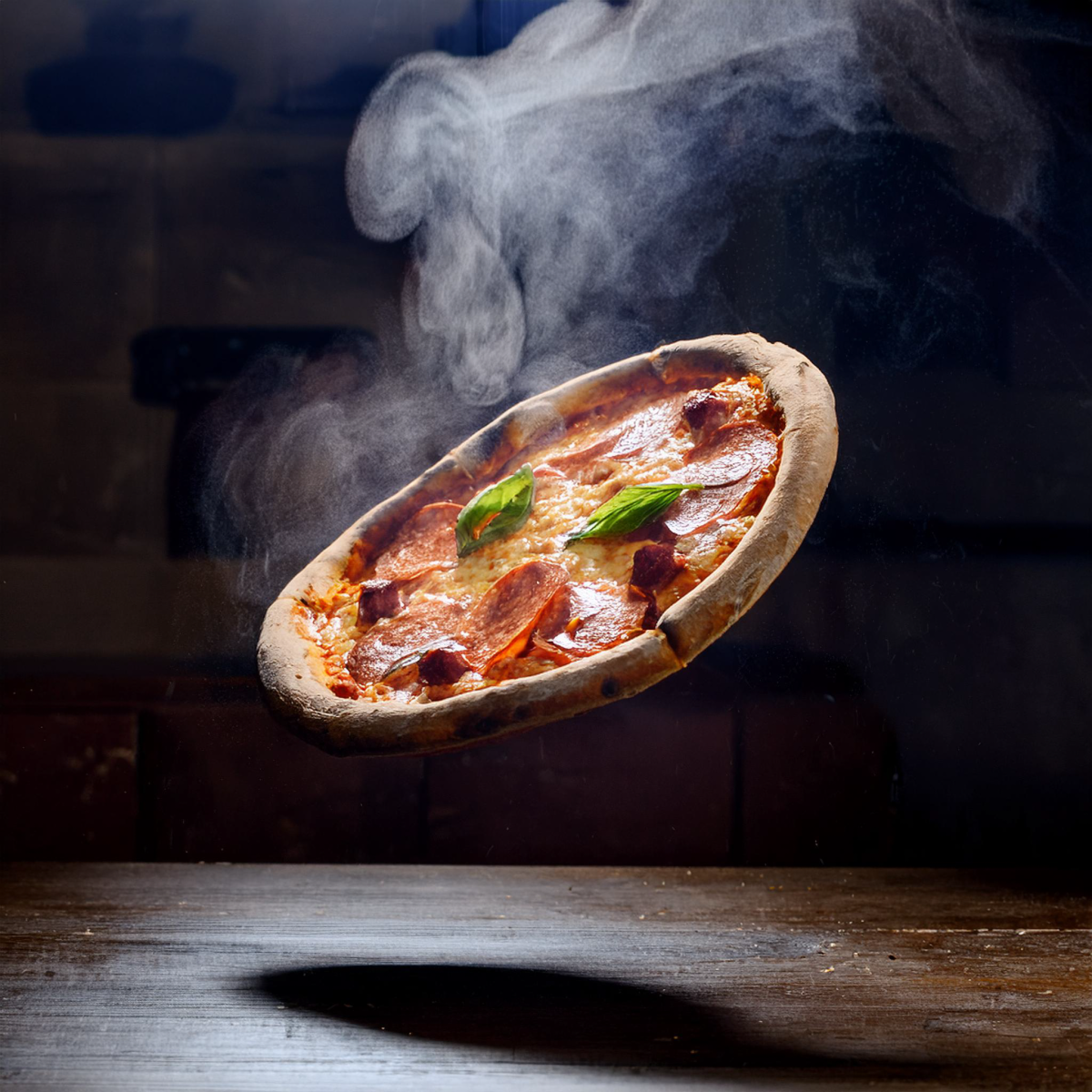 Firefly a pizza floating in the air, smoke from pizza, an Italian kitchen background